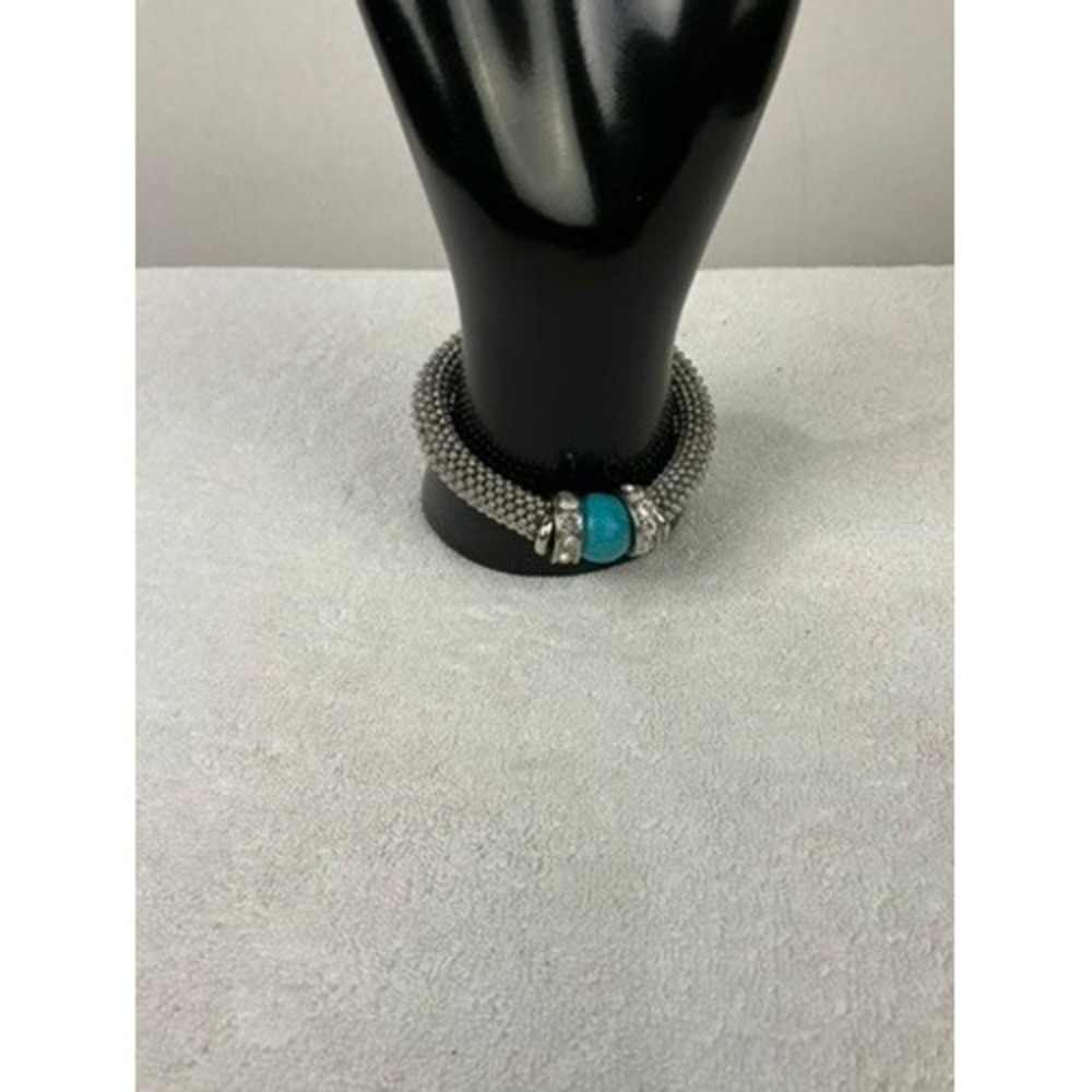 Silver Tone Mesh Stretch Bracelet Turquoise Bead Crystal Accents Boho 7 Inch